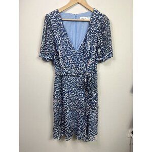 Eliza J Womens Dress Size 8 Blue Faux Neck Puff Sleeve Leopard Print